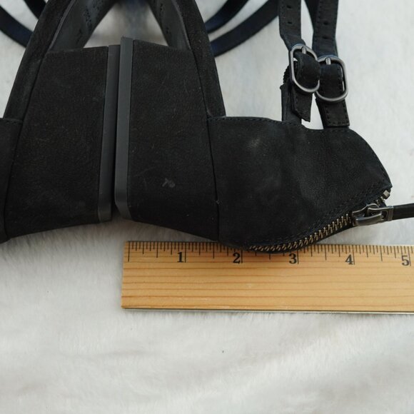 Eileen Fisher Kyra Black Suede Strappy Sandals 7.5 Leather Sole Block Heel Zip - Picture 10 of 11